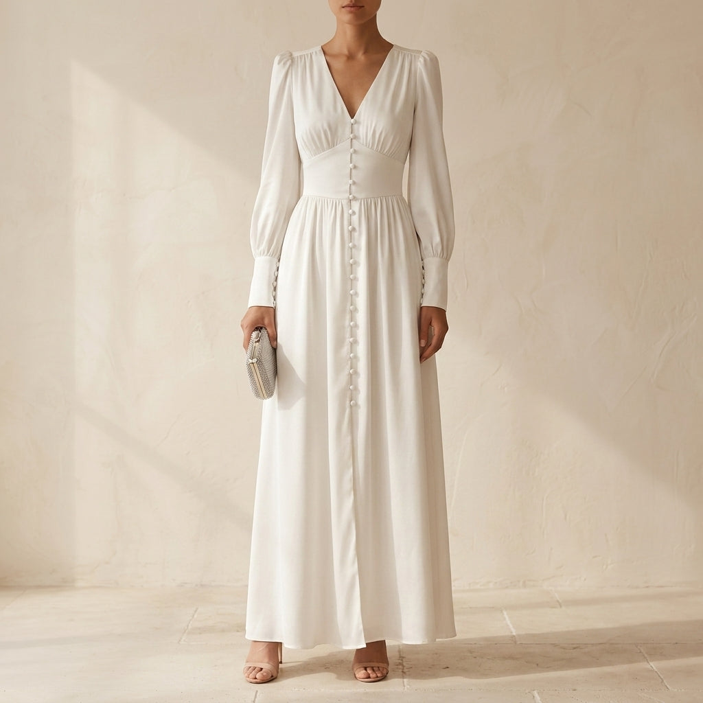 Heather | Polished Button-Front Fall Wedding Guest Midi Dress
