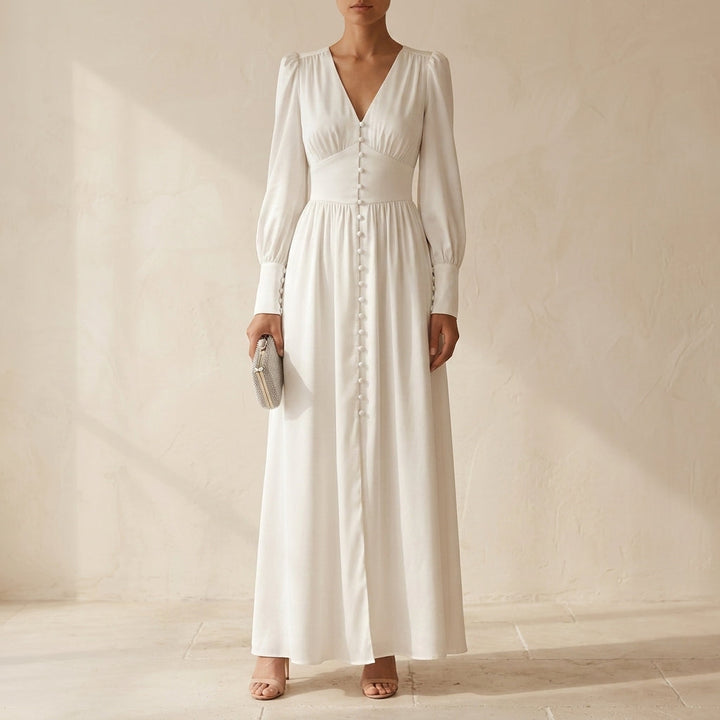 Heather | Polished Button-Front Fall Wedding Guest Midi Dress