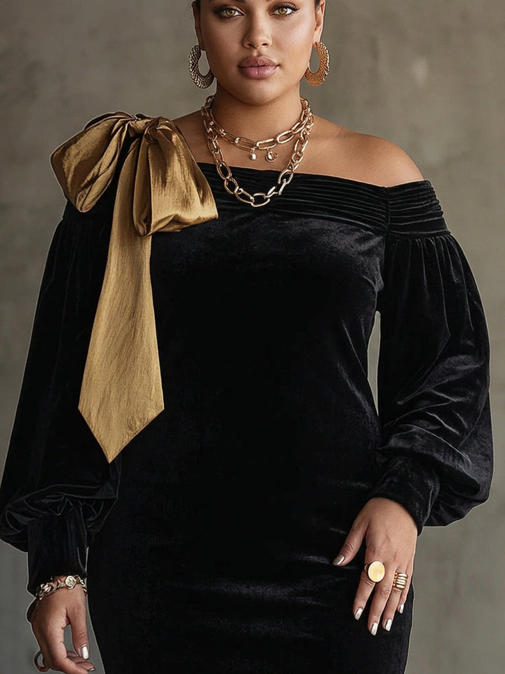 Heather | Relaxed Fall Wedding Guest Dress with Off-Shoulder Bow Sleeve