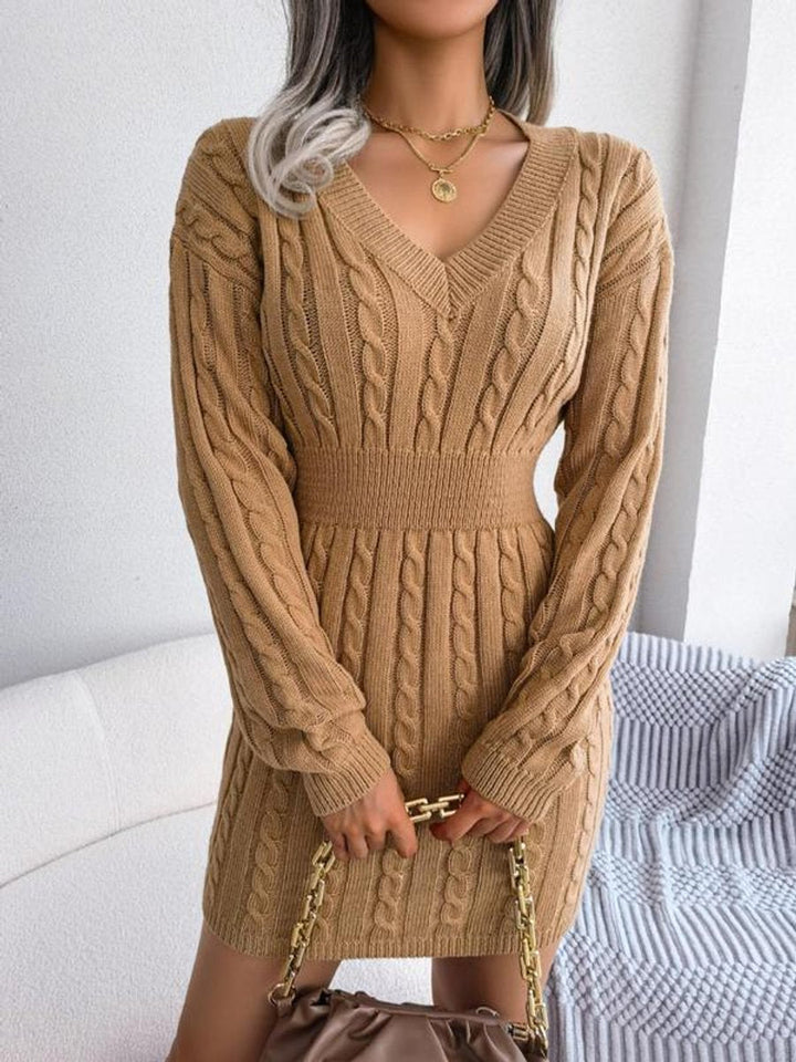 Helen | Chic Cable Knit Sweater Dress with Balloon Sleeves