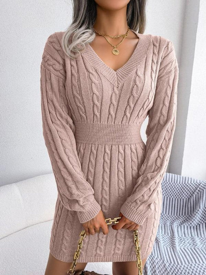 Helen | Chic Cable Knit Sweater Dress with Balloon Sleeves