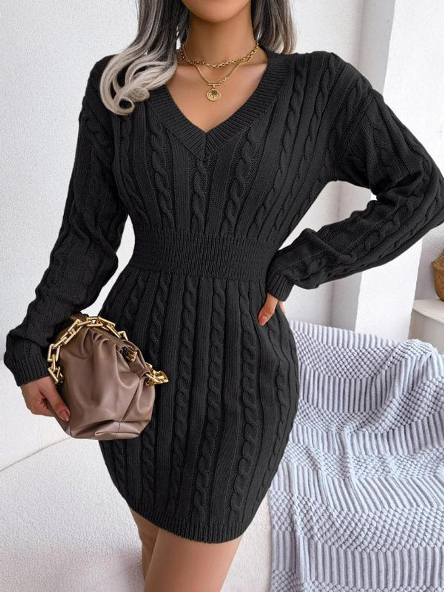 Helen | Chic Cable Knit Sweater Dress with Balloon Sleeves