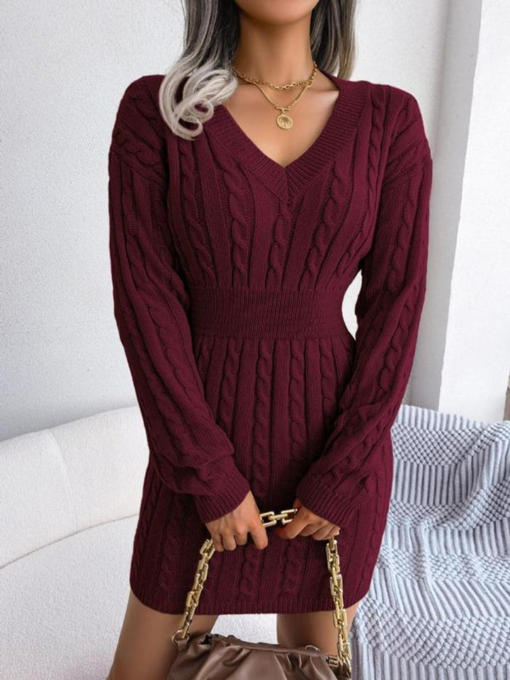 Helen | Chic Cable Knit Sweater Dress with Balloon Sleeves