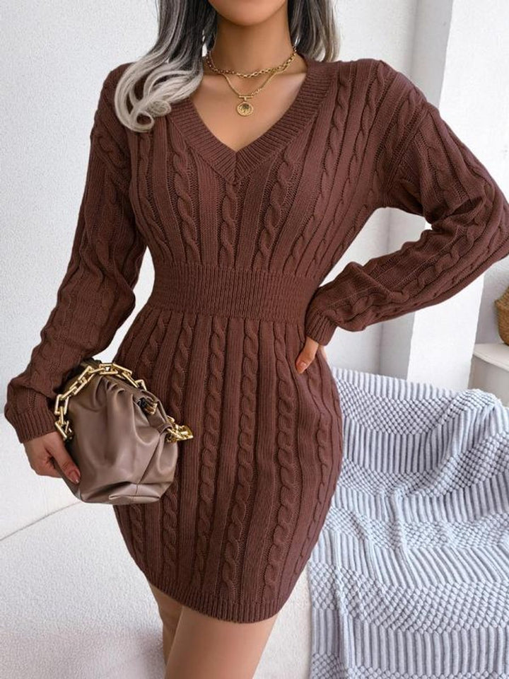 Helen | Chic Cable Knit Sweater Dress with Balloon Sleeves