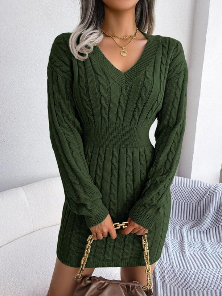 Helen | Chic Cable Knit Sweater Dress with Balloon Sleeves