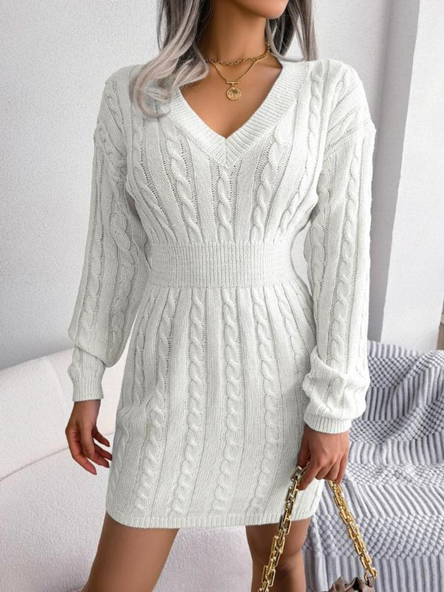 Helen | Chic Cable Knit Sweater Dress with Balloon Sleeves