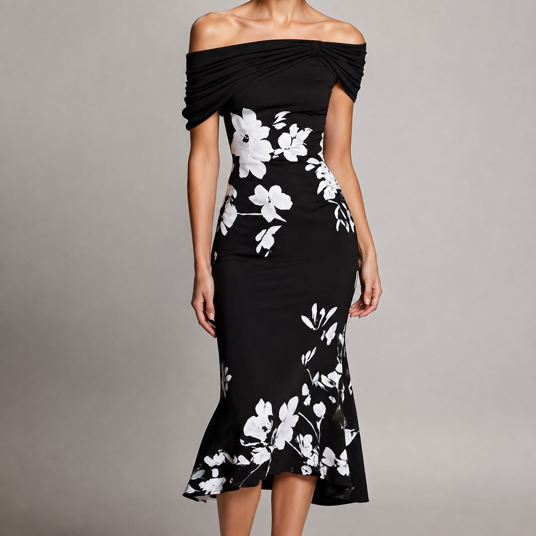 Helen | Effortless Off Shoulder Floral Fall Wedding Guest Midi Dress