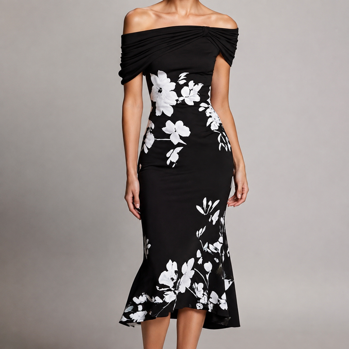 Helen | Effortless Off Shoulder Floral Fall Wedding Guest Midi Dress