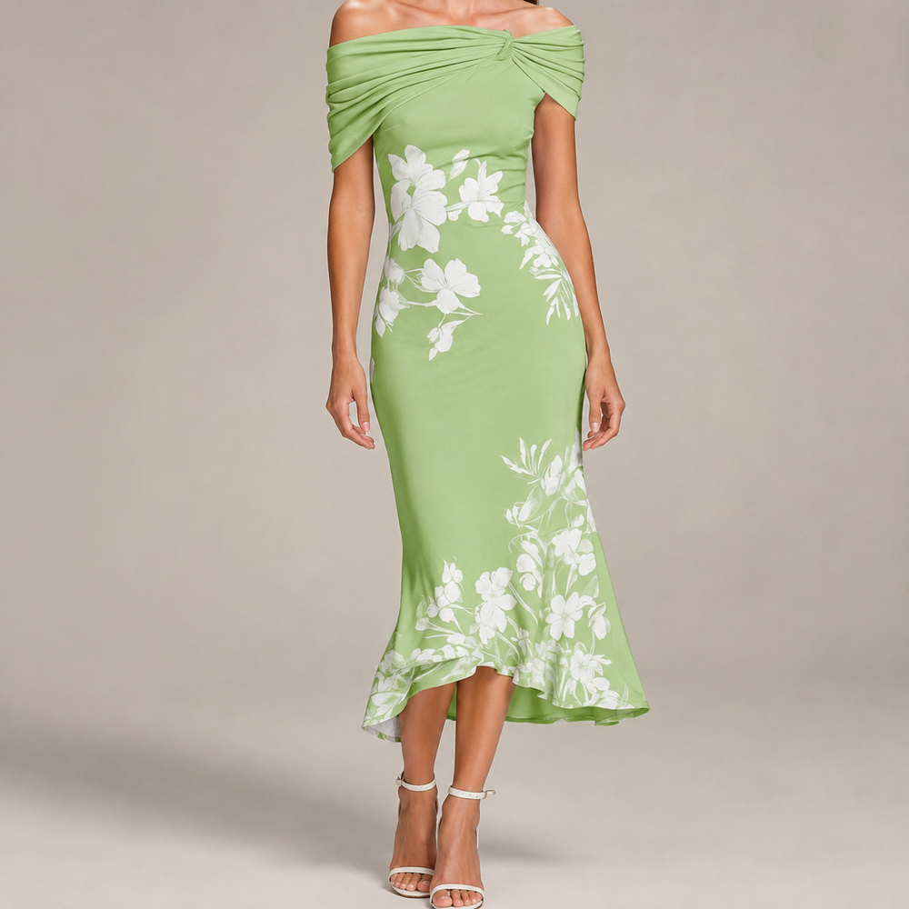Helen | Effortless Off Shoulder Floral Fall Wedding Guest Midi Dress