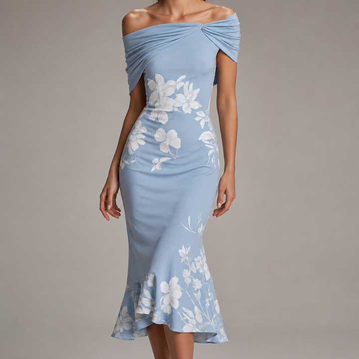 Helen | Effortless Off Shoulder Floral Fall Wedding Guest Midi Dress
