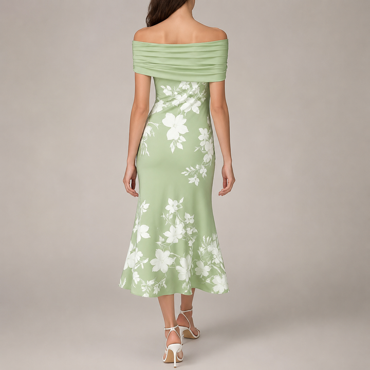 Helen | Effortless Off Shoulder Floral Fall Wedding Guest Midi Dress