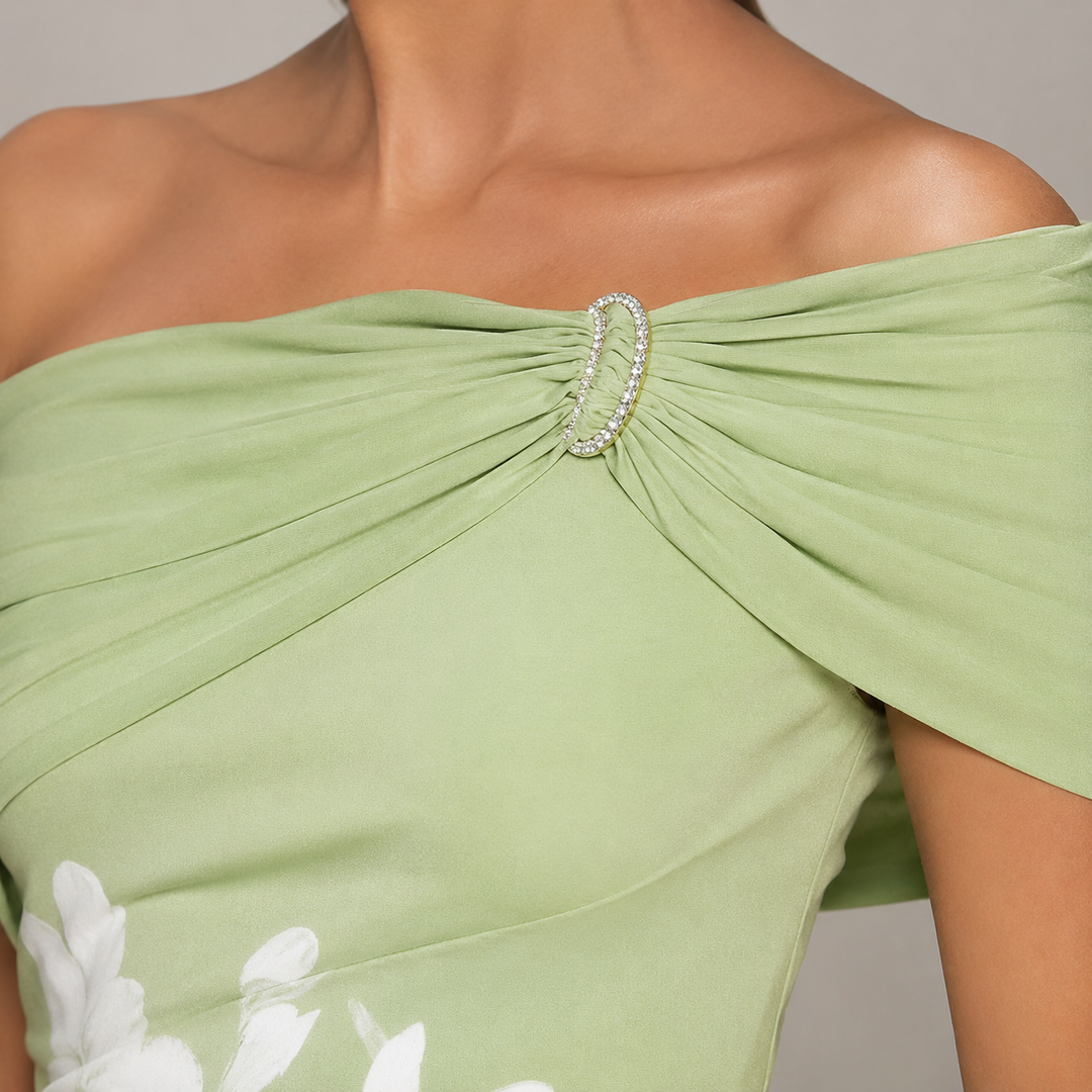 Helen | Effortless Off Shoulder Floral Fall Wedding Guest Midi Dress