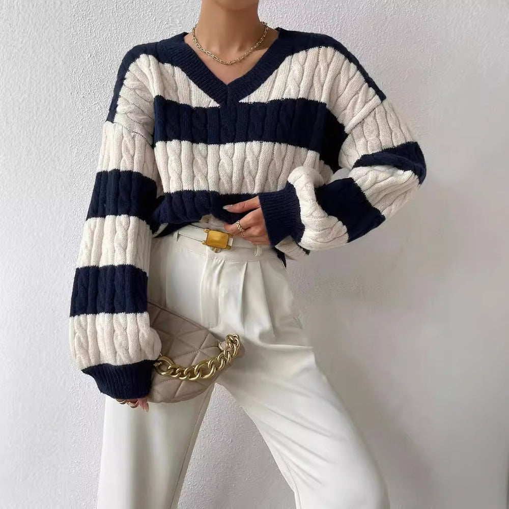 Isabella | Chic Oversized Striped Cable Knit Sweater