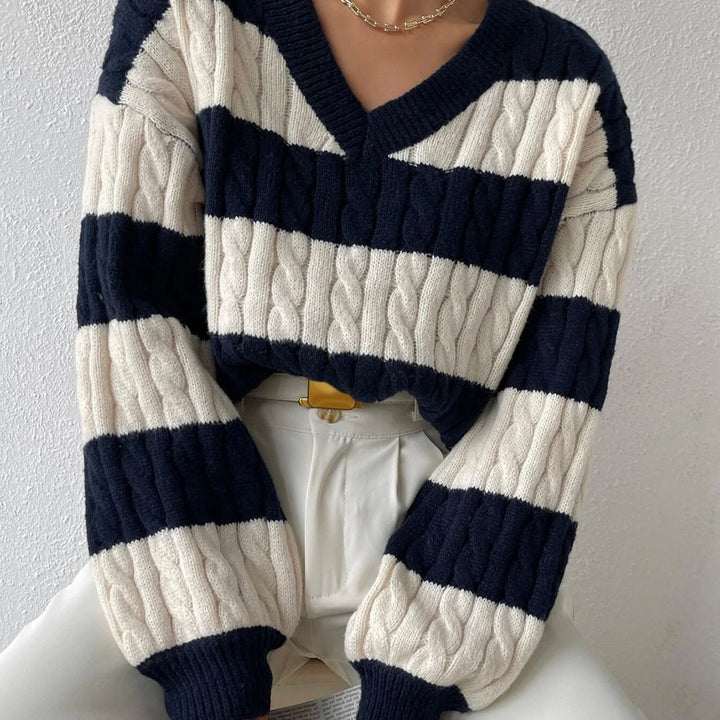 Isabella | Chic Oversized Striped Cable Knit Sweater