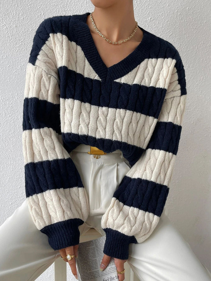 Isabella | Chic Oversized Striped Cable Knit Sweater