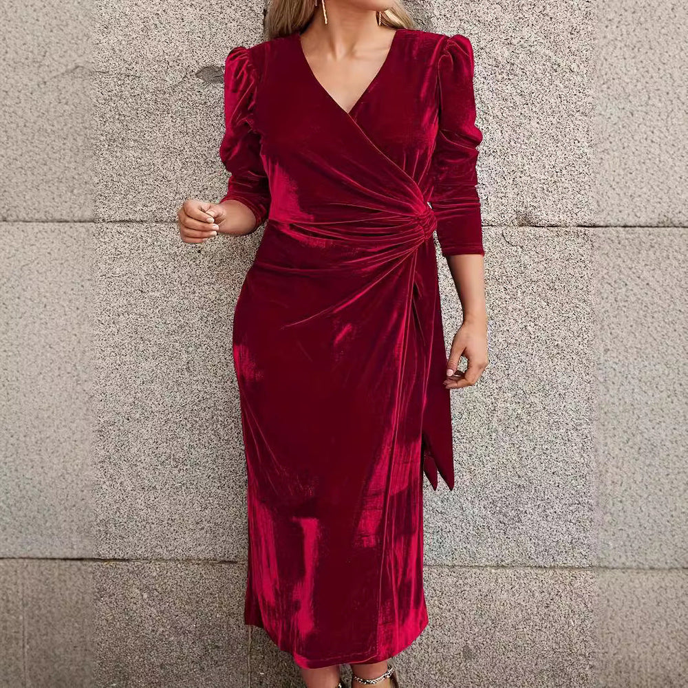 Jacqueline | Chic Velvet Wrap Fall Wedding Guest Midi Dress