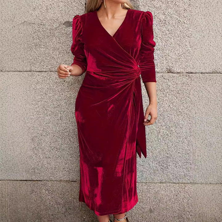 Jacqueline | Chic Velvet Wrap Fall Wedding Guest Midi Dress
