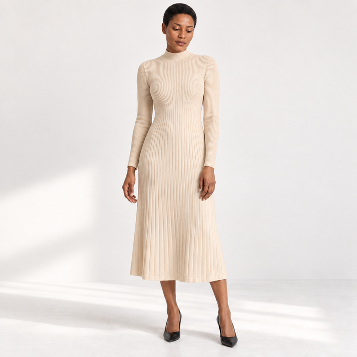 Jacqueline | Cozy Ribbed Mock Neck Midi Sweater Dress
