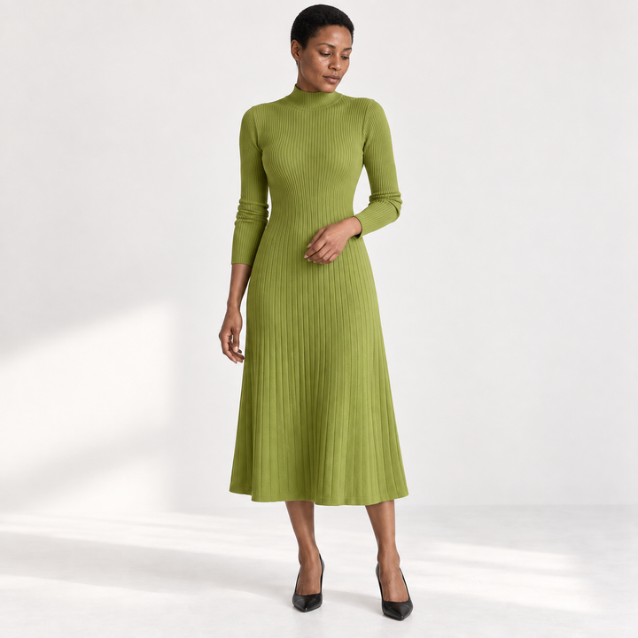 Jacqueline | Cozy Ribbed Mock Neck Midi Sweater Dress