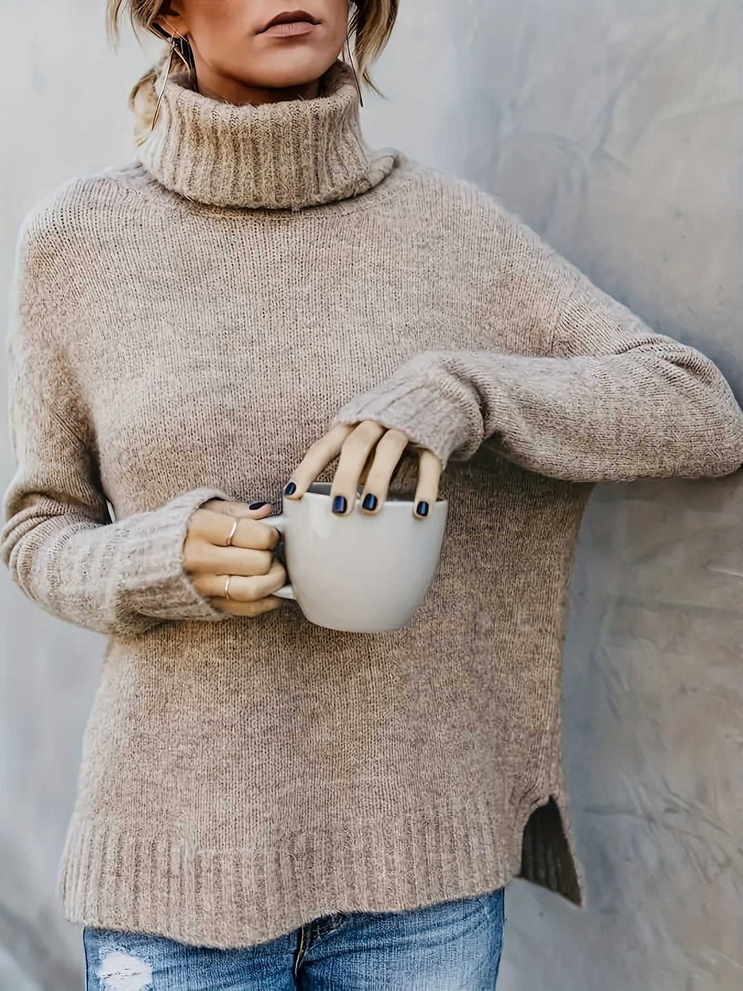 Jacqueline | Oversized Ribbed Split Hem Turtleneck Sweater