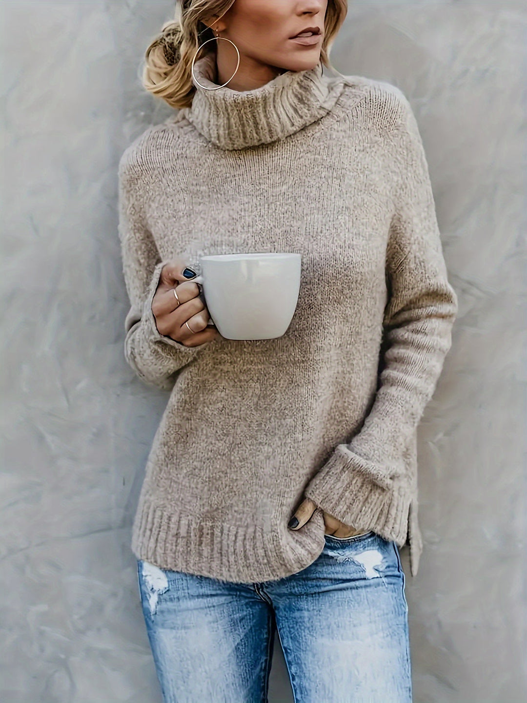 Jacqueline | Oversized Ribbed Split Hem Turtleneck Sweater