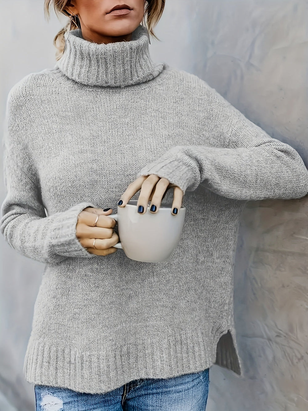 Jacqueline | Oversized Ribbed Split Hem Turtleneck Sweater