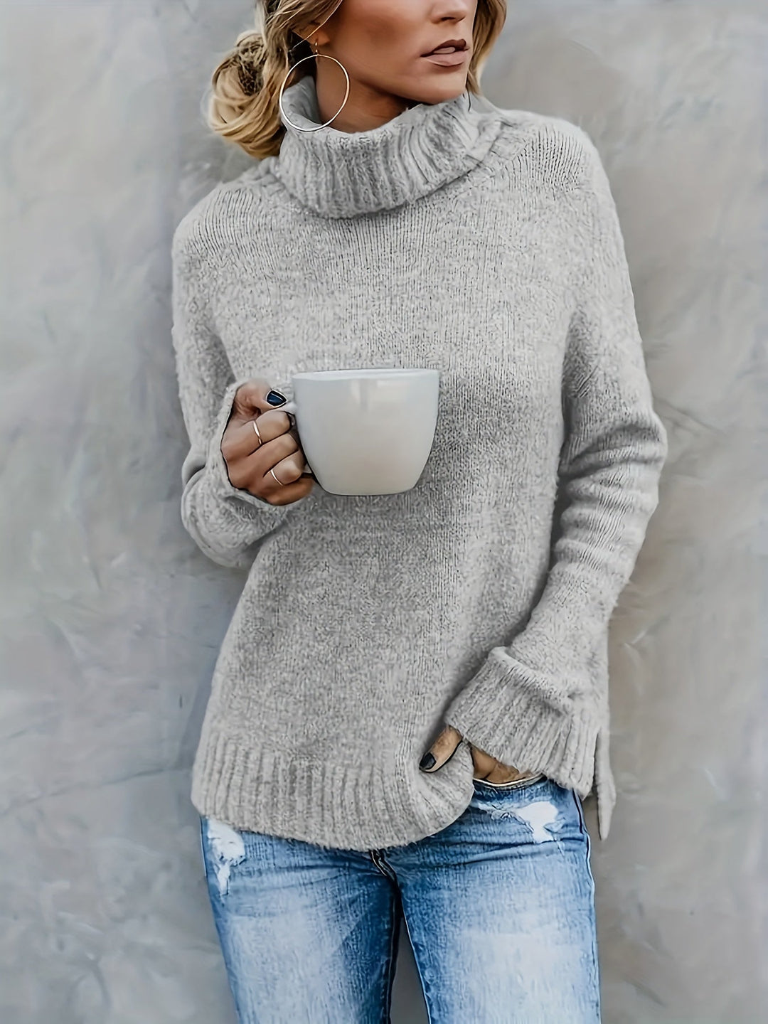 Jacqueline | Oversized Ribbed Split Hem Turtleneck Sweater