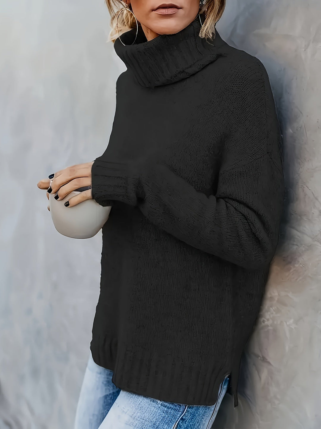 Jacqueline | Oversized Ribbed Split Hem Turtleneck Sweater