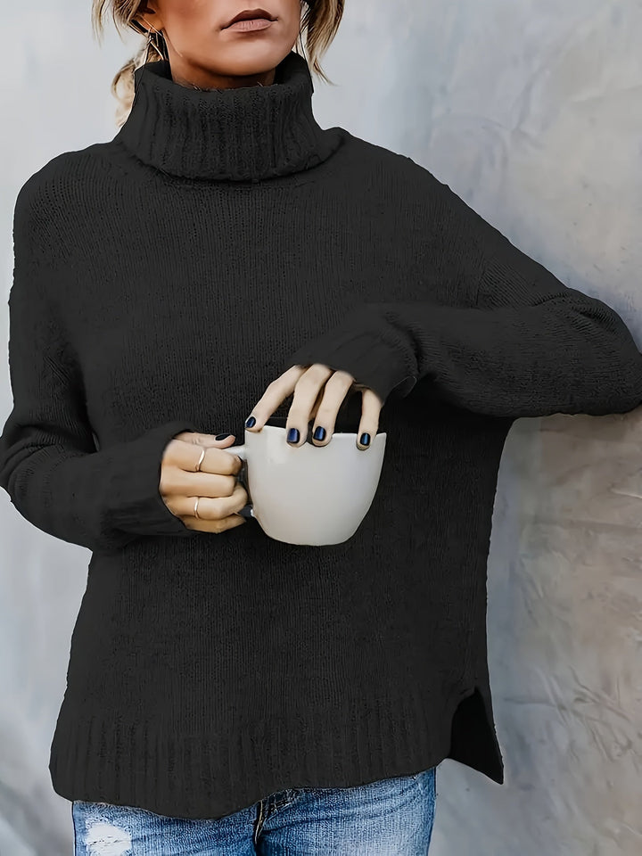Jacqueline | Oversized Ribbed Split Hem Turtleneck Sweater
