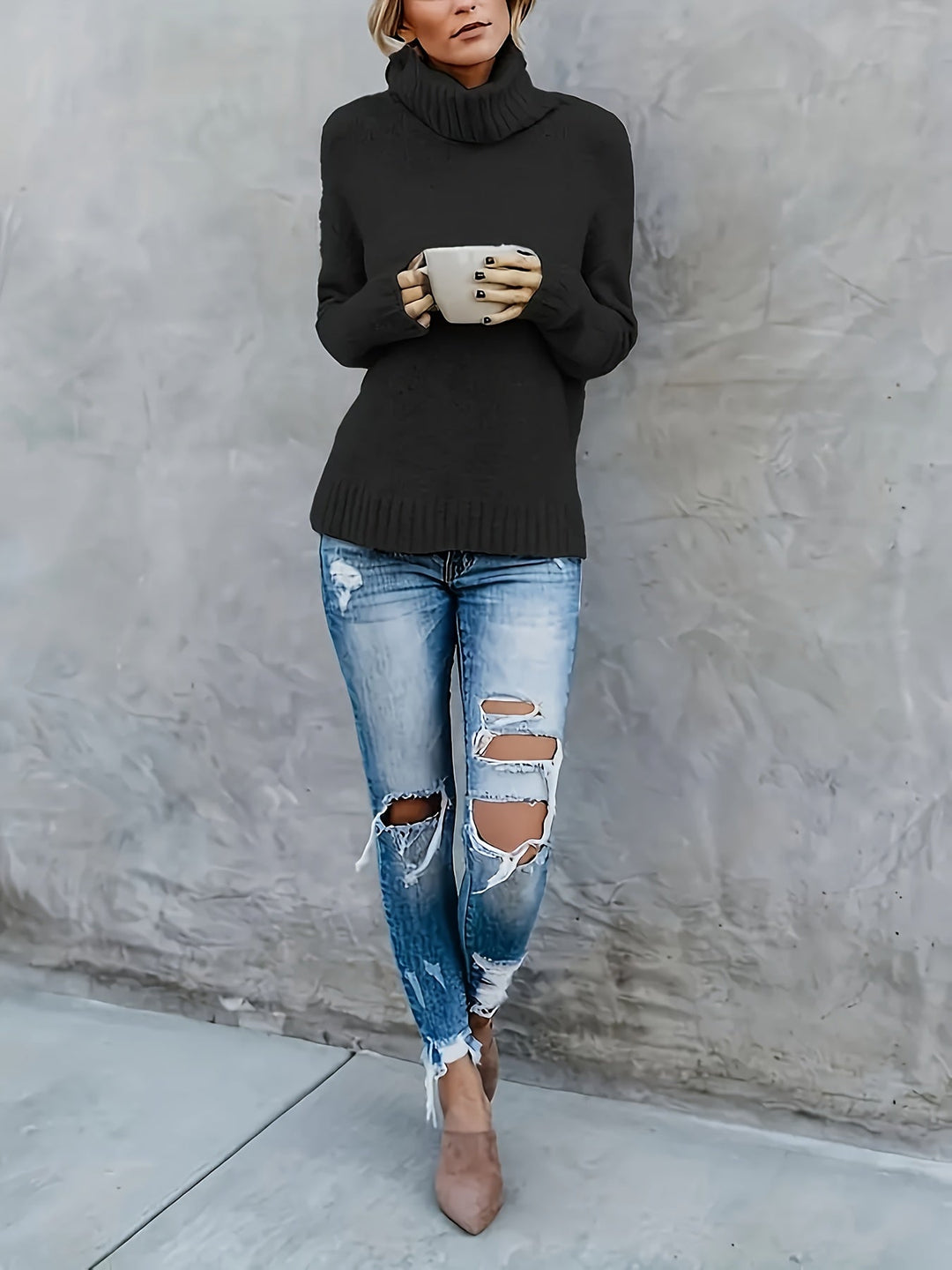 Jacqueline | Oversized Ribbed Split Hem Turtleneck Sweater