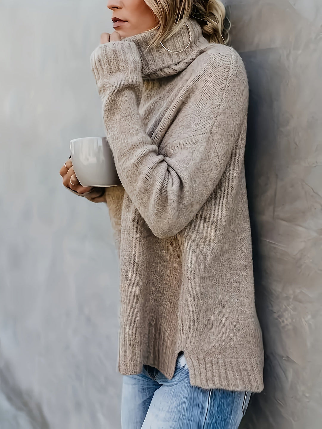 Jacqueline | Oversized Ribbed Split Hem Turtleneck Sweater