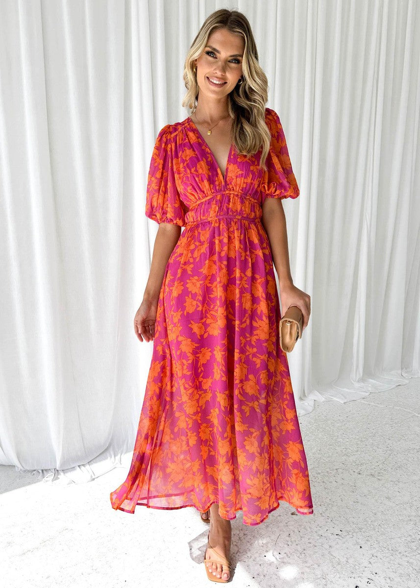 Janet | Cozy Floral Puff Sleeve Fall Wedding Guest Maxi Dress