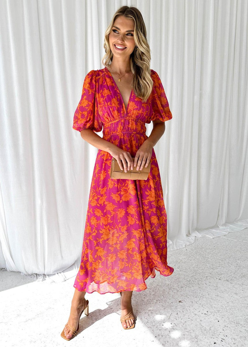 Janet | Cozy Floral Puff Sleeve Fall Wedding Guest Maxi Dress