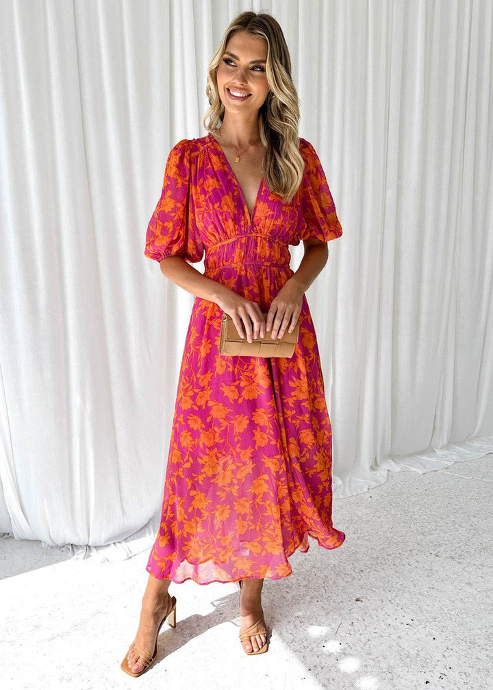 Janet | Cozy Floral Puff Sleeve Fall Wedding Guest Maxi Dress