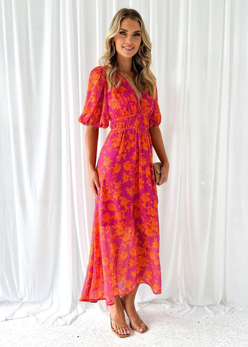 Janet | Cozy Floral Puff Sleeve Fall Wedding Guest Maxi Dress