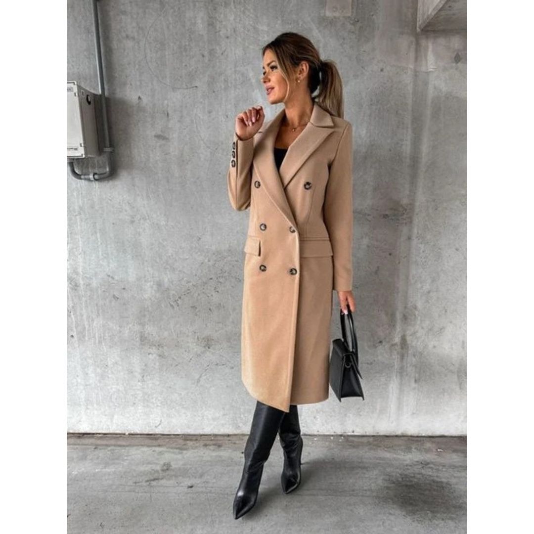 Janet | Sophisticated Long Double-Breasted Camel Coat