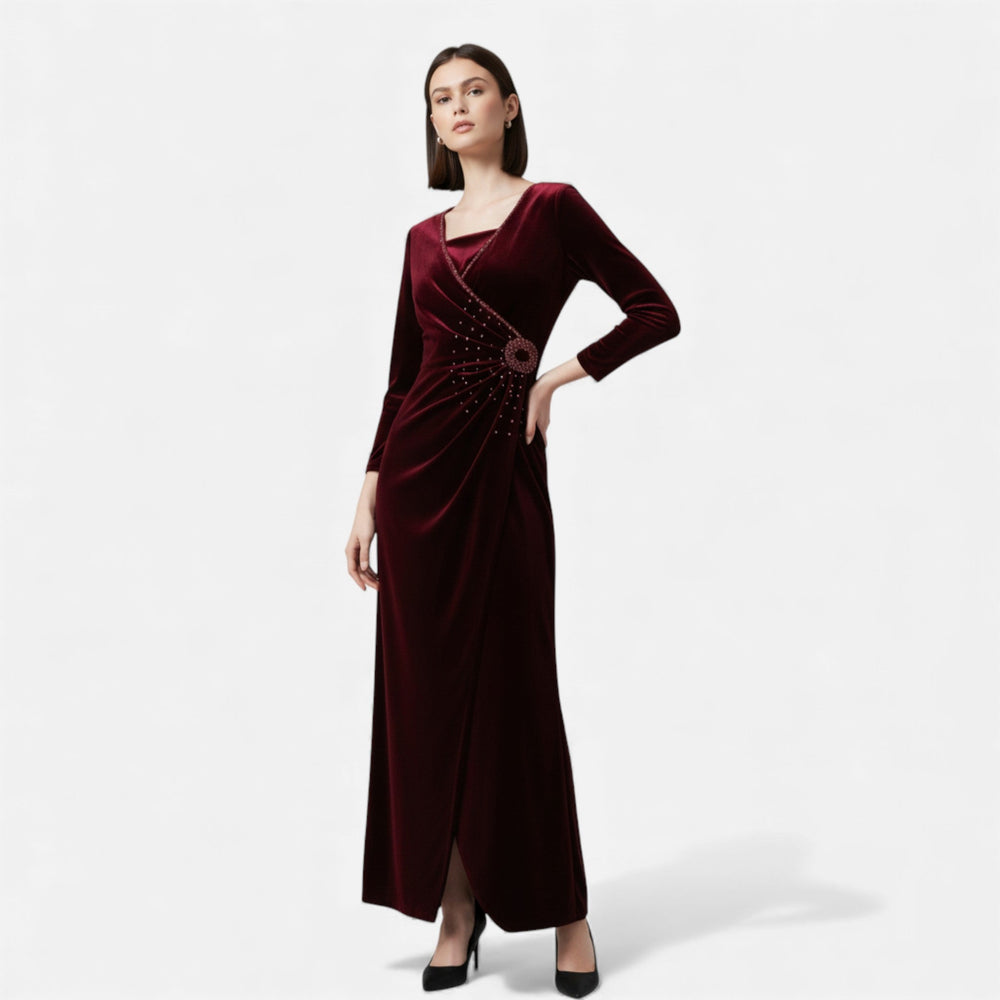 Janice | Effortless Draped Wrap Fall Wedding Guest Dress with Front Slit