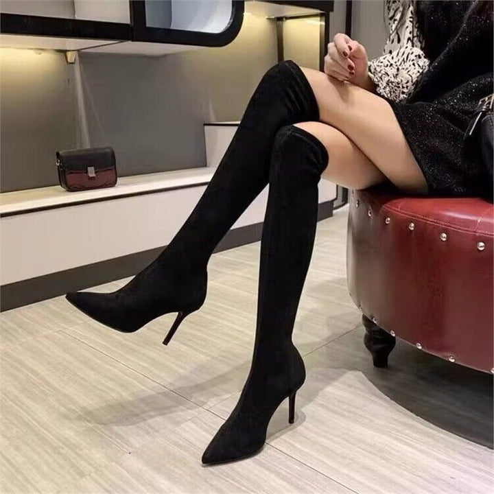 Janice | Relaxed Stretch Thigh High Boots Pointed Toe Stiletto Heel