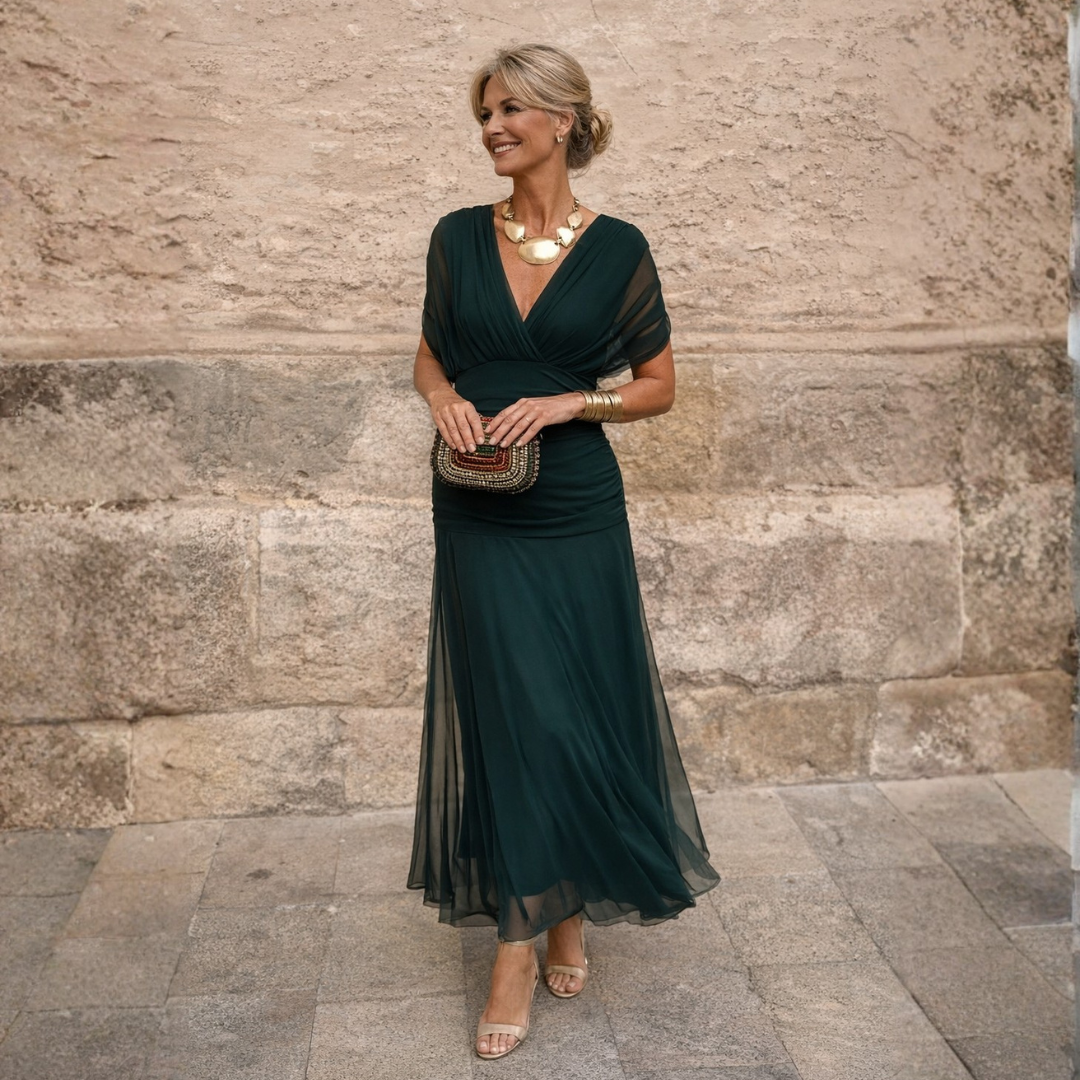 Jessica | Timeless Draped V-Neck Fall Wedding Guest Maxi Dress
