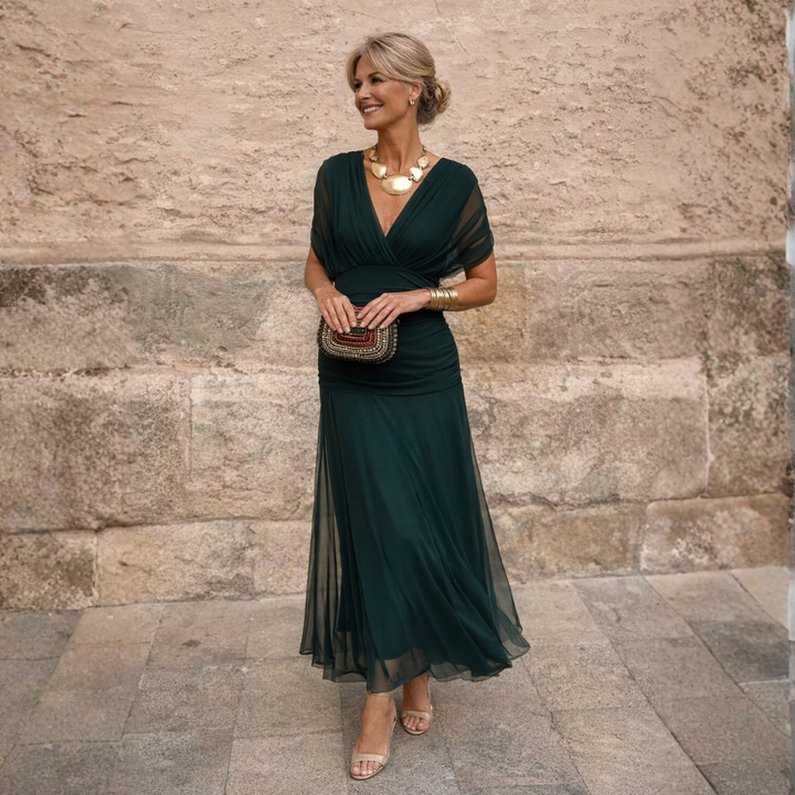 Jessica | Timeless Draped V-Neck Fall Wedding Guest Maxi Dress