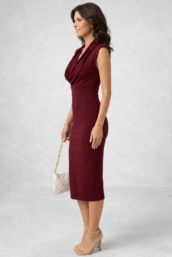 Joan | Effortless Cowl Neck Fall Wedding Guest Dress with Bodycon Midi Fit