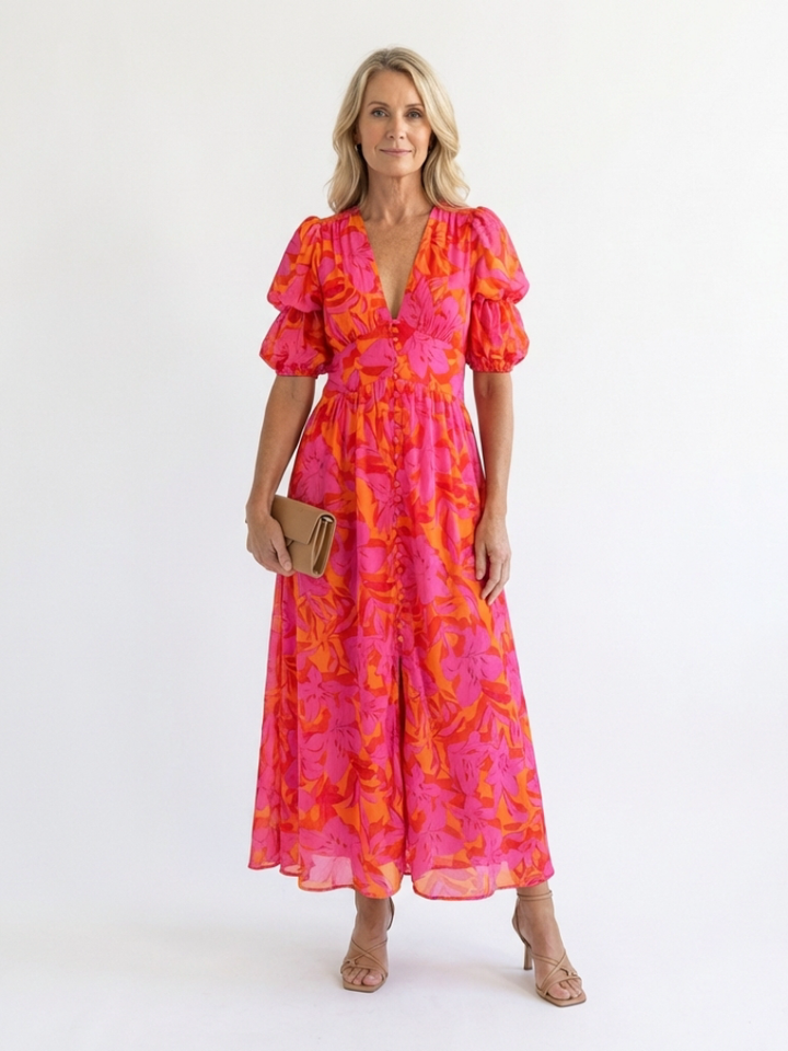 Joan | Effortless Floral V-Neck Fall Wedding Guest Midi Dress
