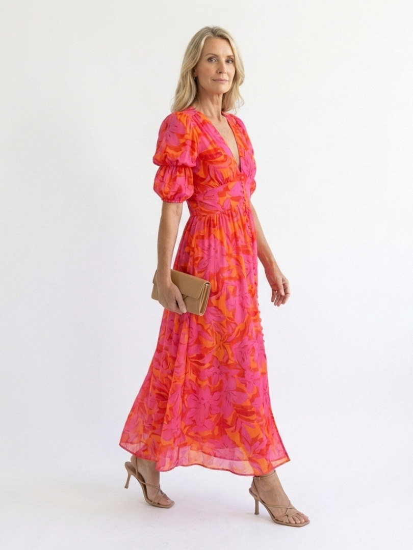 Joan | Effortless Floral V-Neck Fall Wedding Guest Midi Dress