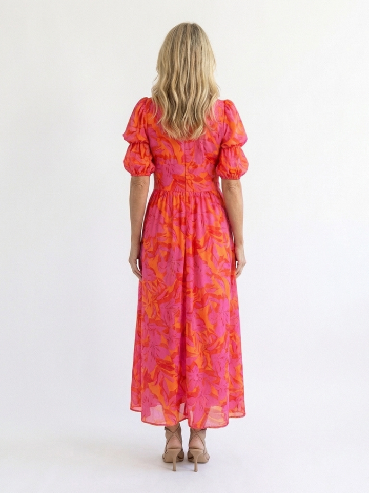 Joan | Effortless Floral V-Neck Fall Wedding Guest Midi Dress
