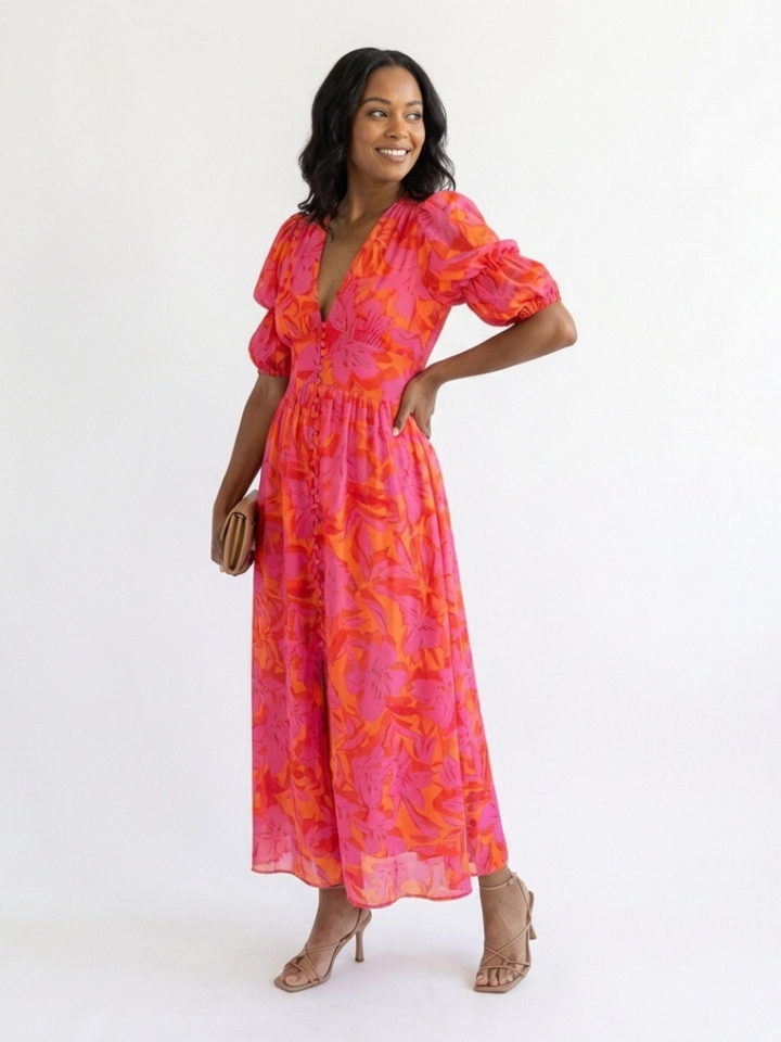 Joan | Effortless Floral V-Neck Fall Wedding Guest Midi Dress