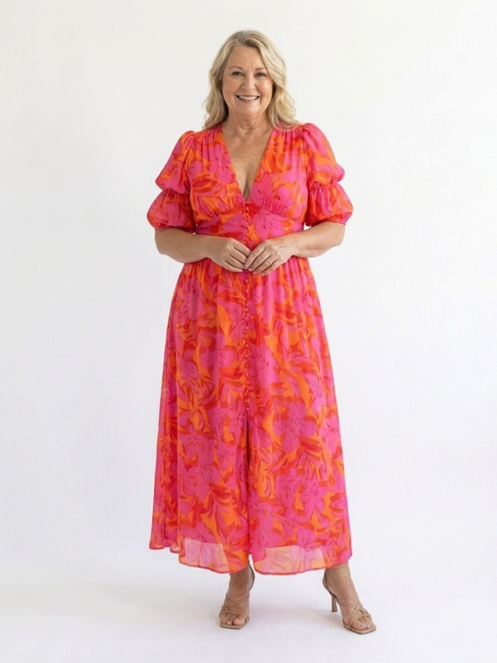 Joan | Effortless Floral V-Neck Fall Wedding Guest Midi Dress