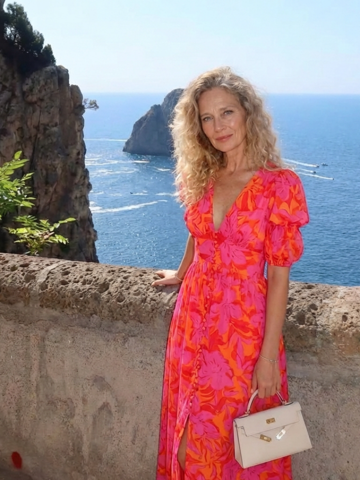 Joan | Effortless Floral V-Neck Fall Wedding Guest Midi Dress