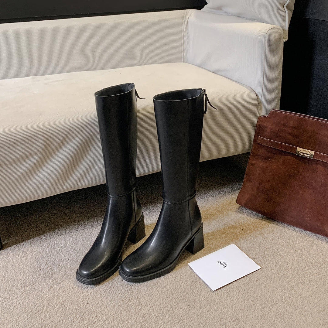 Joan | Polished Wide Calf Knee-High Block Heel Boots