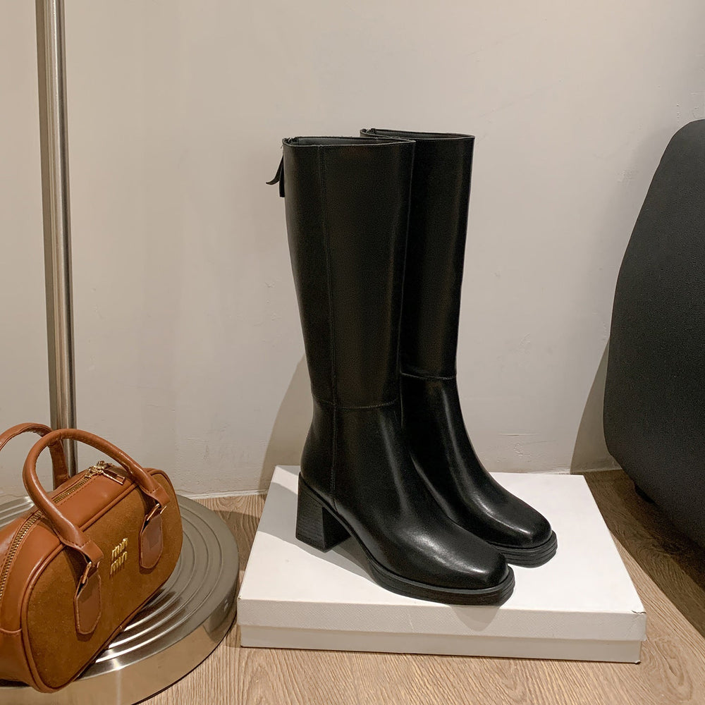 Joan | Polished Wide Calf Knee-High Block Heel Boots