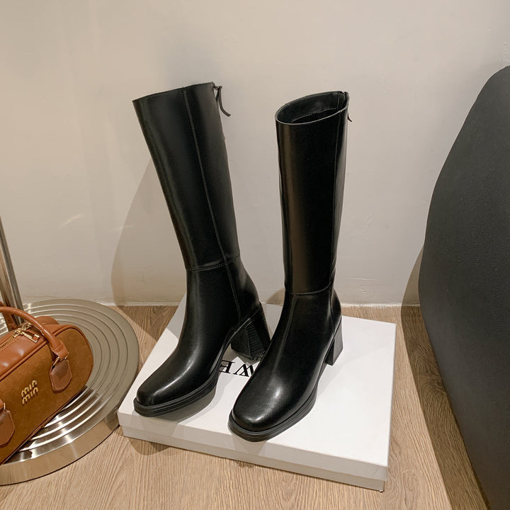 Joan | Polished Wide Calf Knee-High Block Heel Boots